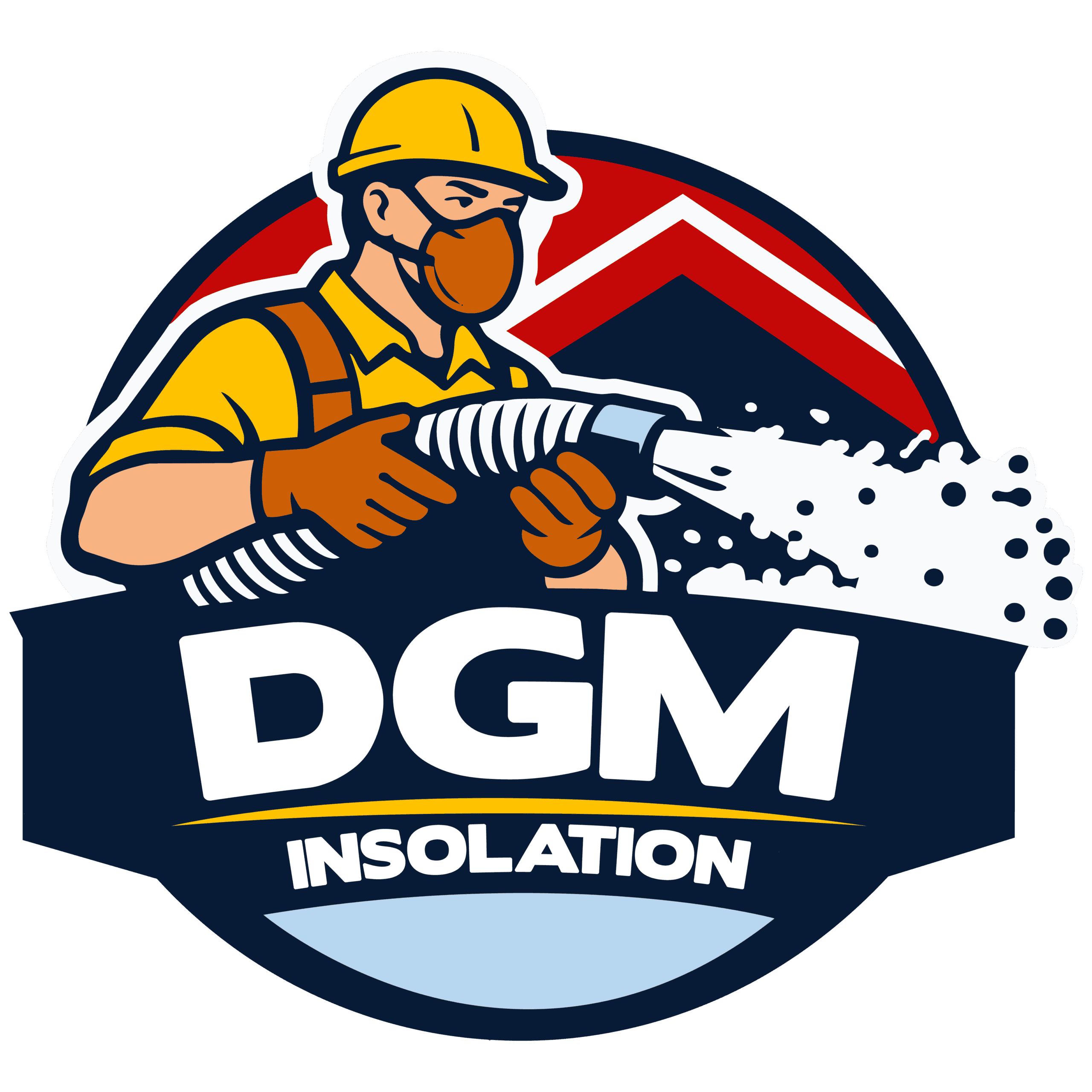 DGM Insulation logo featuring a worker with a hose, representing insulation services.