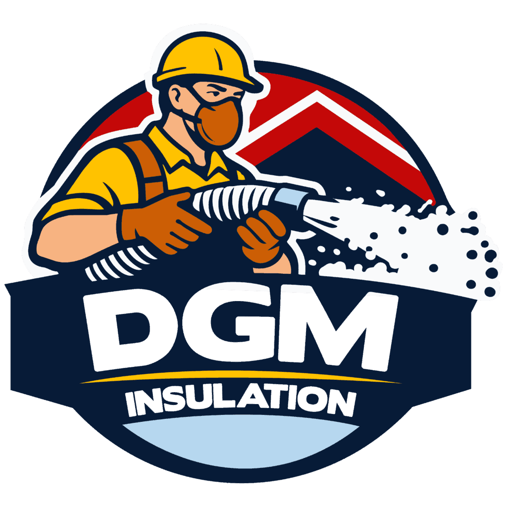 DGM Insulation logo featuring a worker with a hose for insulation services.